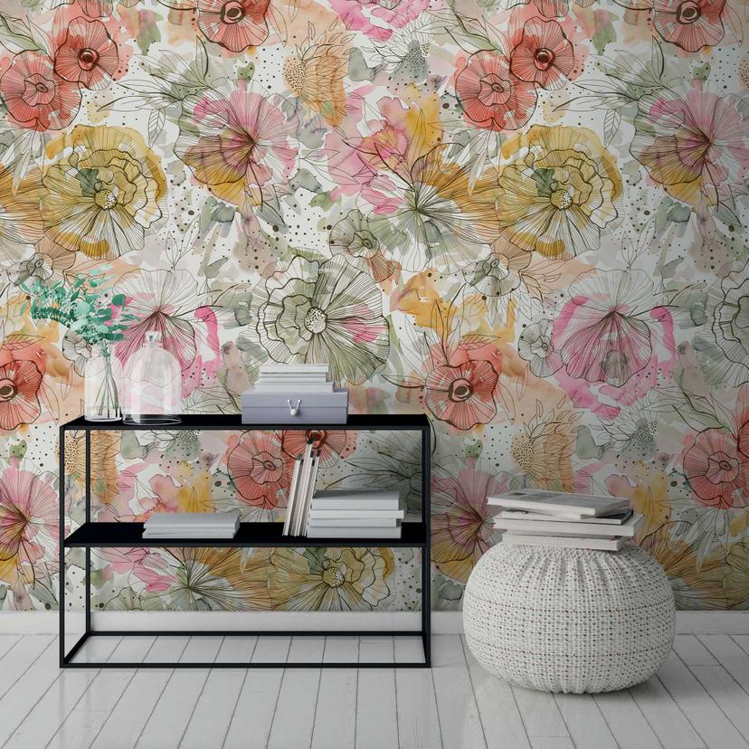 Non-woven tapet med farverigt blomstermønster i akvarel - blomstret fototapet - moderne