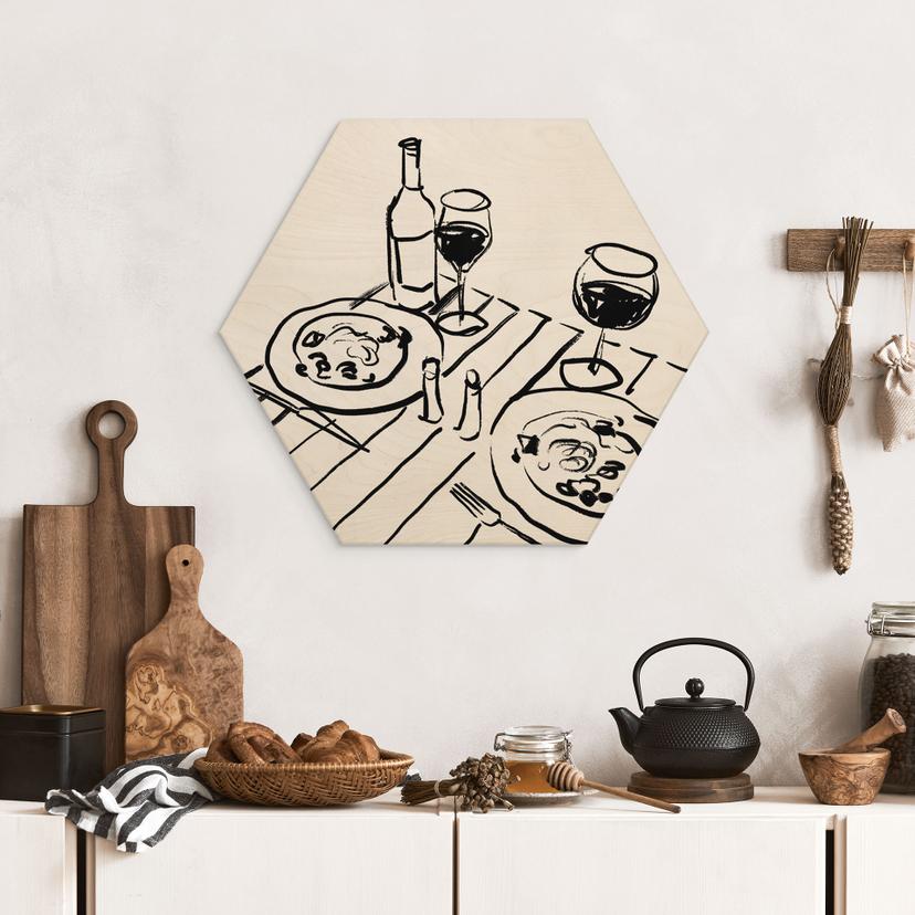 Houten Wanddecoratie stilleven diner met wijn - Treechild