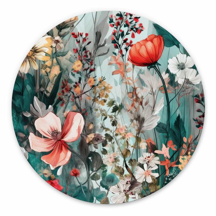 Vægcirkel Forårseng med blomster - Jaszke – print på aluminium (Alu-Dibond)