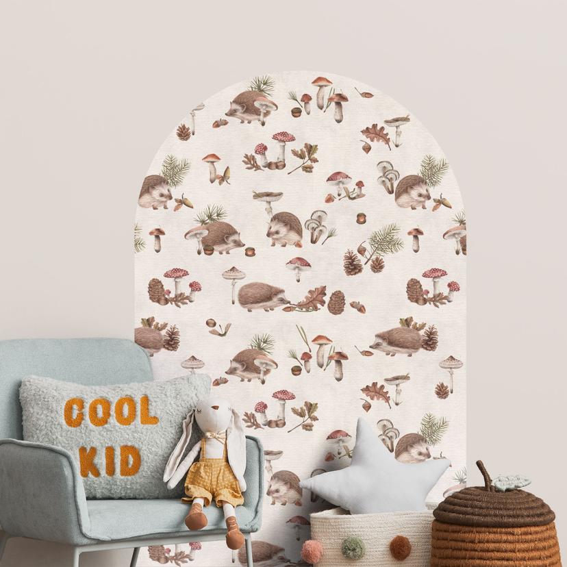 Wallsticker rundbuevægpanel Søde pindsvin i efterårsskoven - Kikki Belle - bred