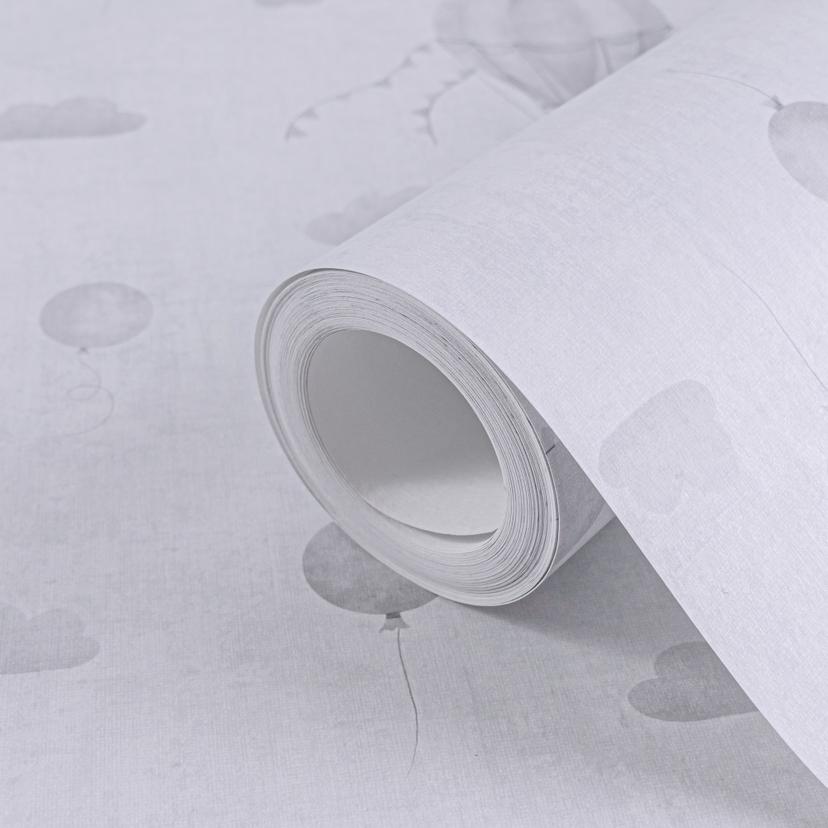 Papel pintado infantil globos aerostáticos gris blanco - globos y nubes -