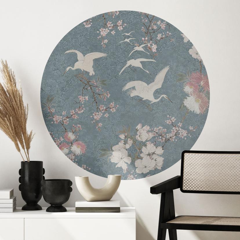 Vinilo decorativo Grullas en flor de cerezo azul - Bloomery Decor - Redondo