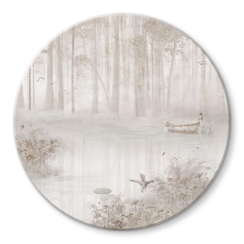Glasschilderijen Bos aan het meer in beige mist - Ms Tiff - Rond