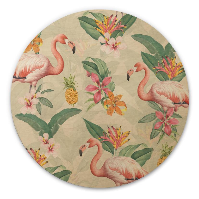 Tableau sur bois Flamant rose et feuilles tropicales - Bloomery Decor - Rond