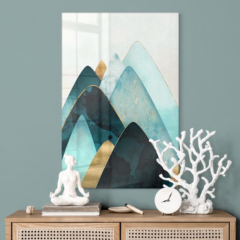 Stampa su vetro Montagne astratte in oro e blu - SpaceFrog Designs