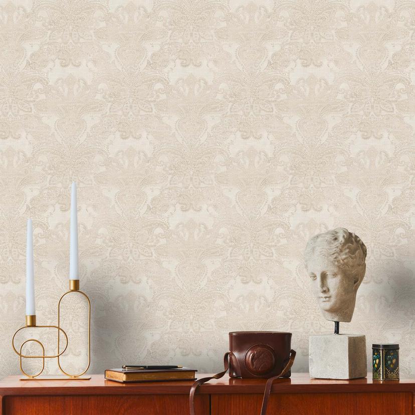 Barock vintage non-woven tapet vit, gräddgrå - mönstrad tapet med ornament