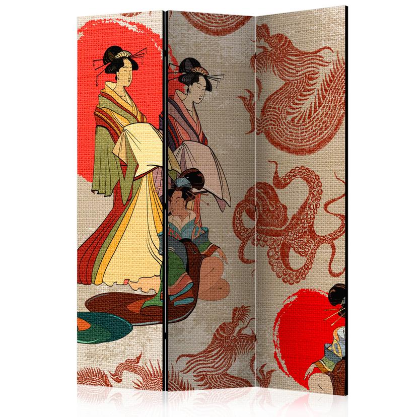 Screen room divider - Gåture i Kyoto: Geisha, 3-delt