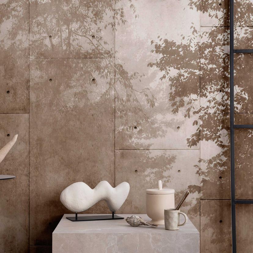 Fototapet i betonlook med træskygger i sepia - non-woven tapet naturillusion