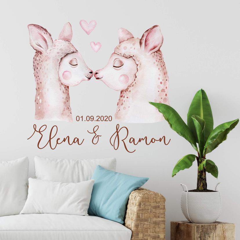 Sticker mural Kvilis - Couple de lamas + Texte à personnaliser