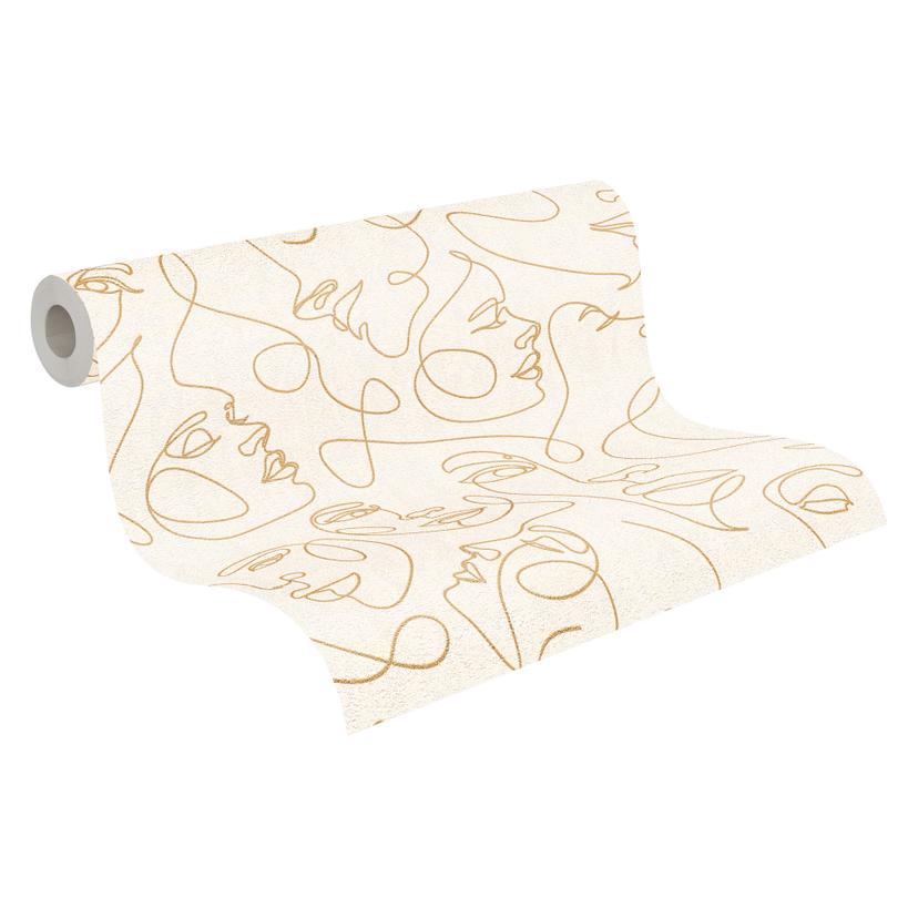 Papel pintado Face line art crema oro - Papel pintado no tejido moderno abstracto elegante