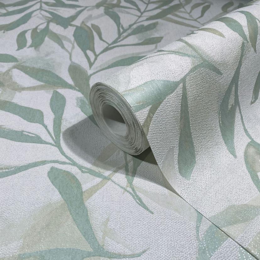 Papel pintado no tejido en blanco hojas verdes aspecto vintage floral naturaleza