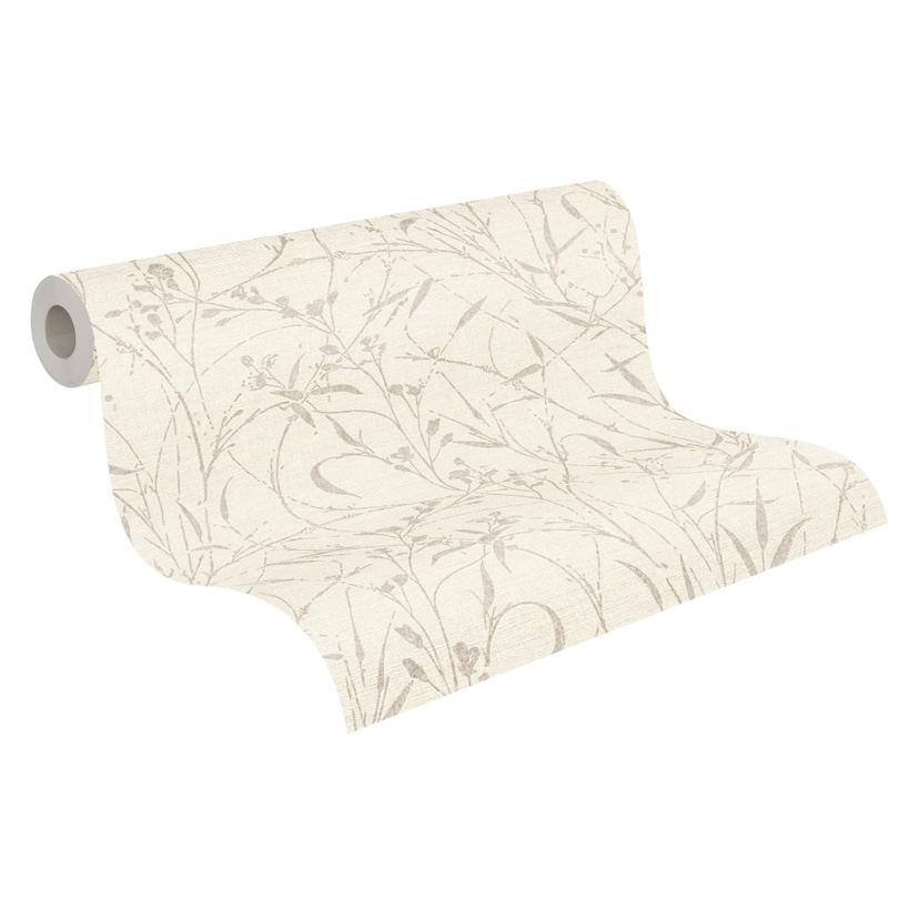 Papel pintado no tejido Fee Wild Free beige crema metalizado - hierbas flores silvestres salon dormi
