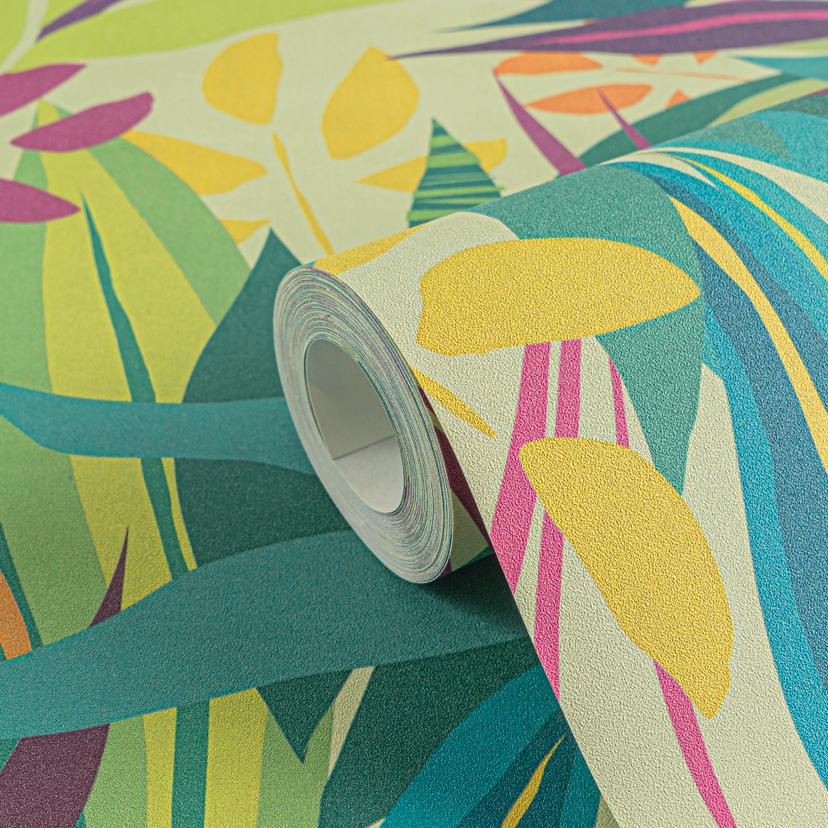 Papel pintado tropical color verde claro - motivo hojas exóticas - papel pintado no tejido moderno