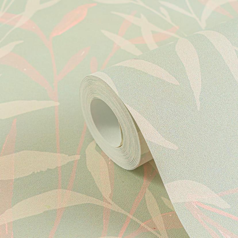 Papel pintado Hojas verde claro beige - filigrana ramas moderno - Papel pintado no tejido mate