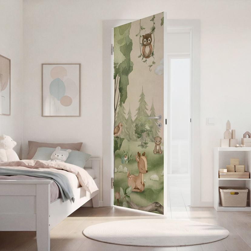 Vinilo para puertas de habitaciones infantiles - Simpáticos animales en el corazón del bosque - Oliv