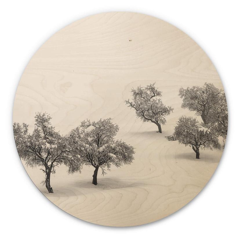 Cuadro de madera Carrillo Lopez - Paisaje blanco con arboles - Redondo