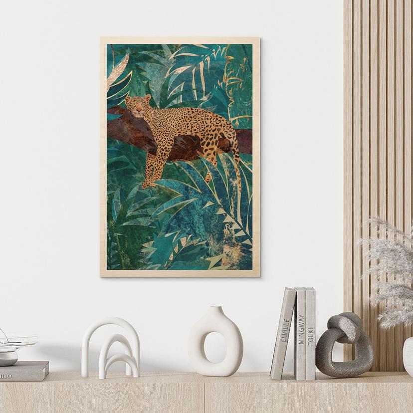 Stampa su legno di un leopardo in una giungla verde smeraldo - Manovski
