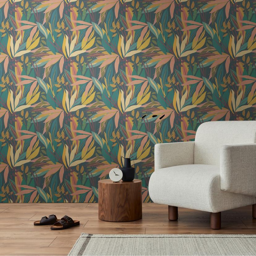 Papier peint tropical vert foncé multicolore - papier peint feuilles exotiques - papier peint intissé moderne