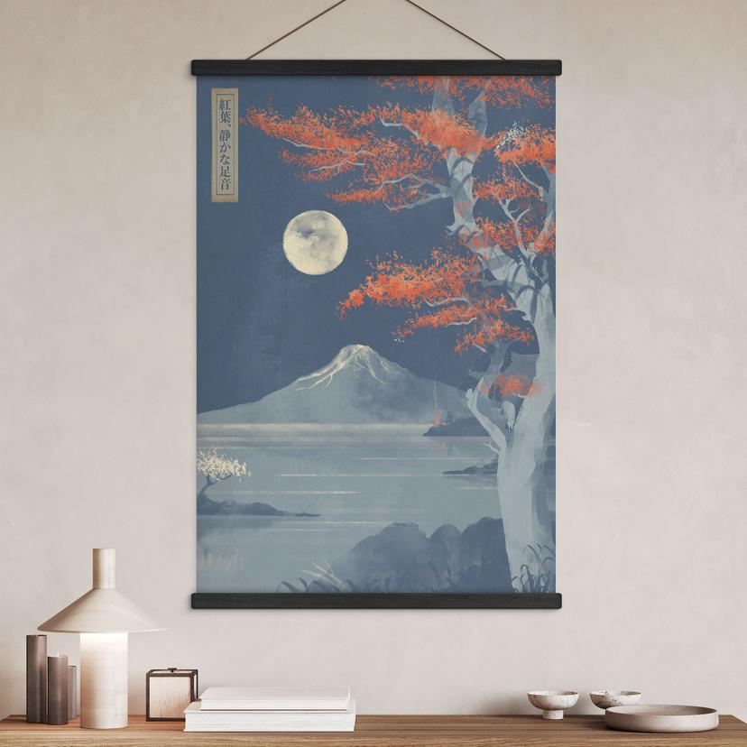 Stampe su tessuto luna piena sopra la cima del Fuji-san | Giappone paesaggio - Roze