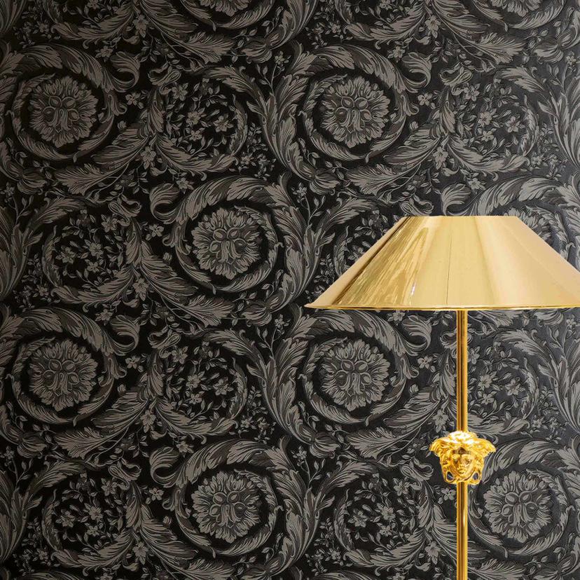 Versace Papier peint intissé Barocco Neo Classique Floral Vrilles Gris Noir élégant