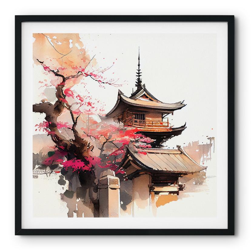 Plakat Japansk pagode med kirsebærblomster - Jaszke