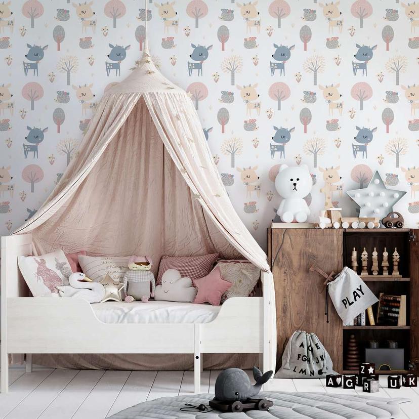 Børnetapet, non-woven tapet med illustration Kids Walls hvid, pink, blå