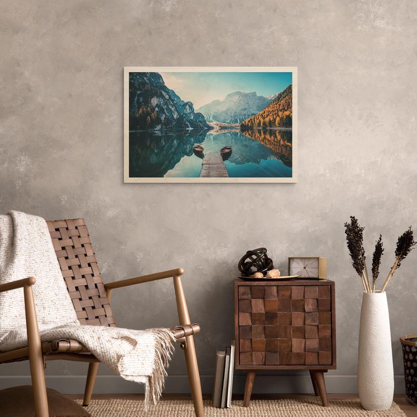 Stampa su legno Passerella in legno al Lago di Braies nelle Dolomiti