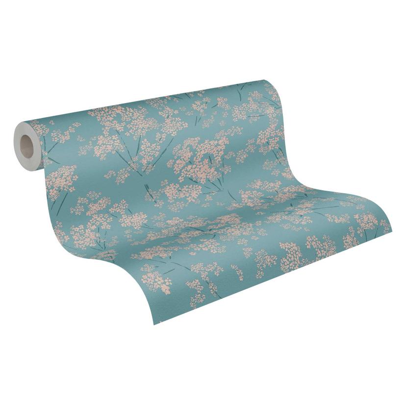 Papel pintado natural flores y capullos beige azul - papel pintado tejido-no tejido floral natural