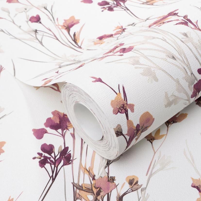 Papel pintado no tejido con delicadas flores de prado en rosa y blanco como papel pintado de natural