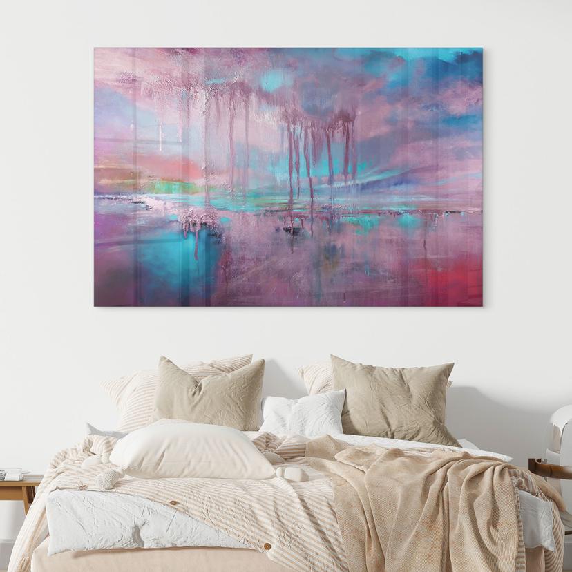 Tableau en verre acrylique Pluie violette sur brume bleue - Schmucker