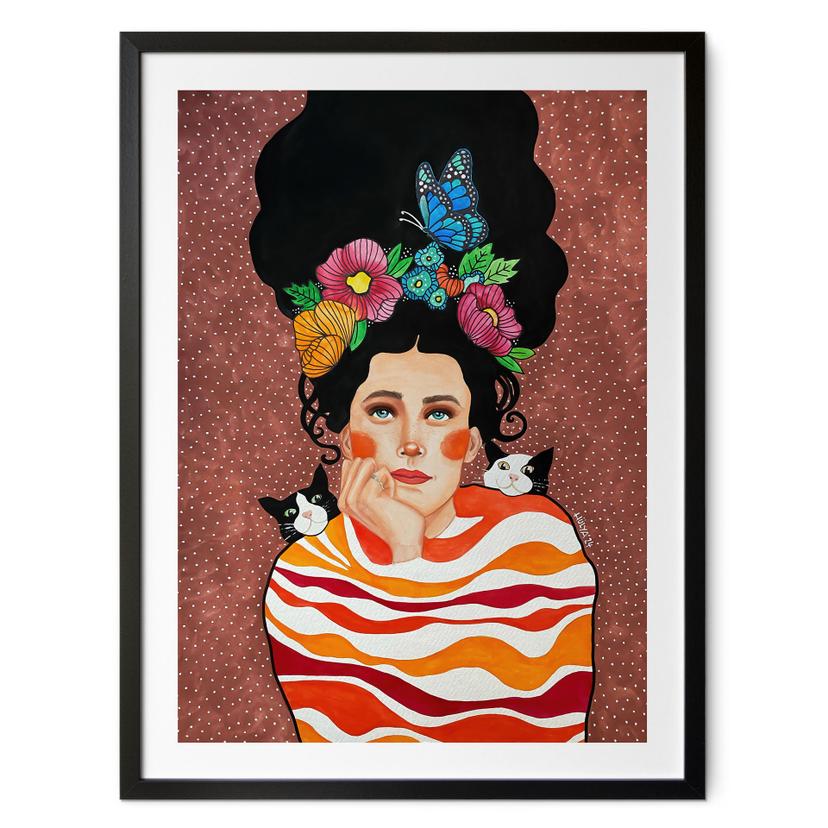 Poster Femme avec couronne de fleurs et chats - Hülya