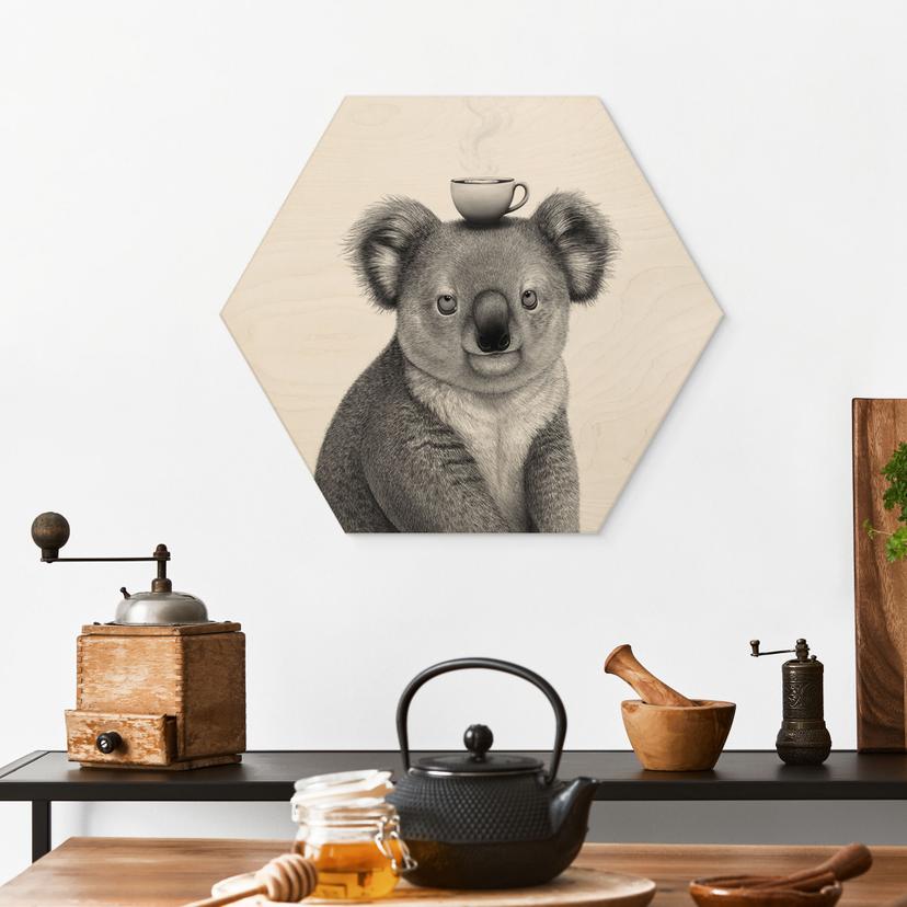 Hexagon Houten Wanddecoratie Koalabeer met koffie - Korenkova