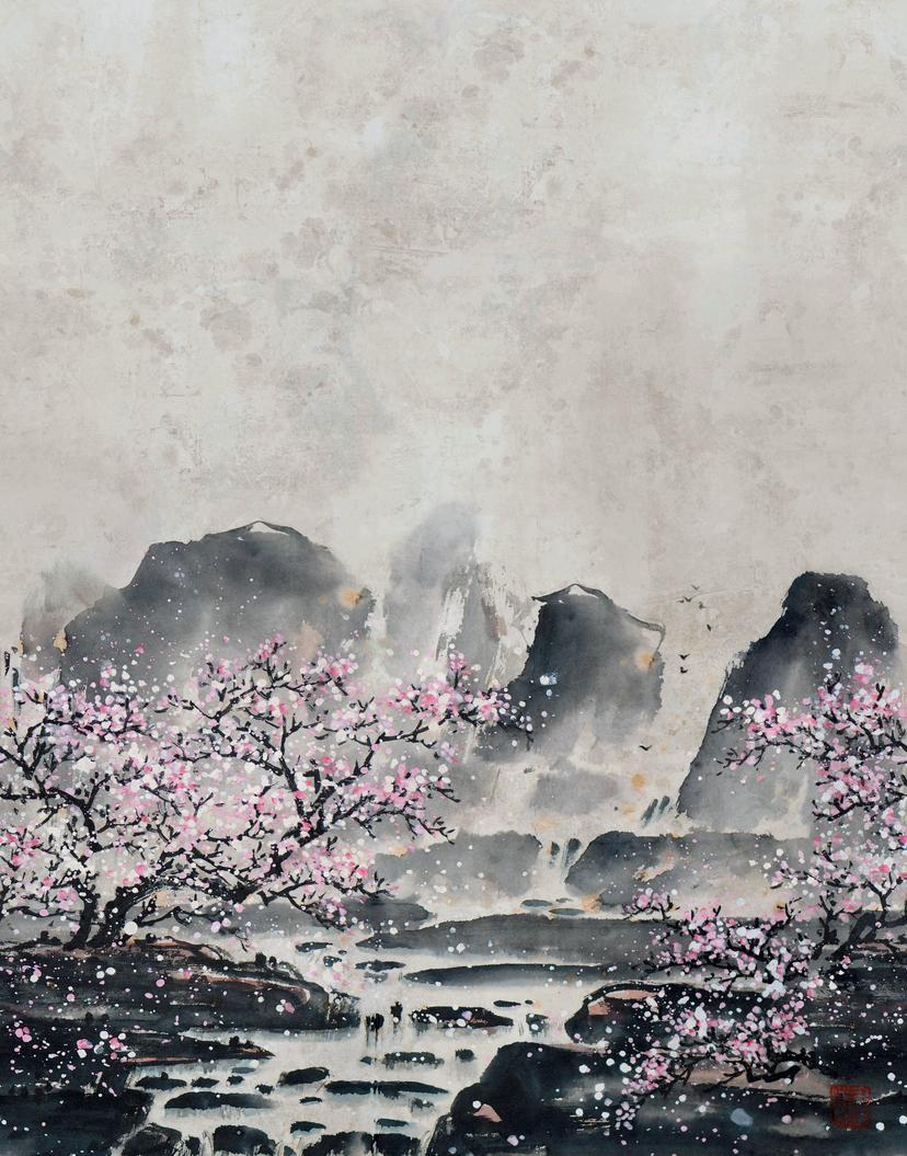 Papier peint photo Fleurs de cerisier dans la brume avec montagnes dans les tons gris et rose pâle 2,7 x 2,12 m