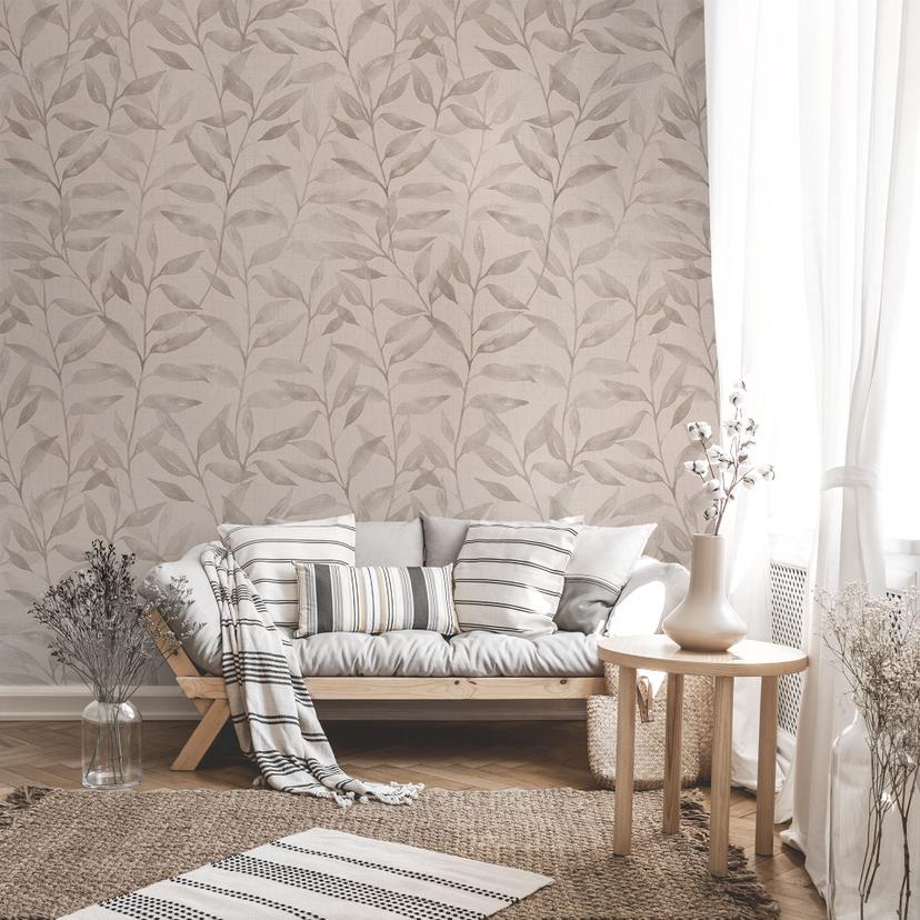 Papel Pintado Delicadas Hojas de Acuarela - Gris Suave - Bloomery Decor
