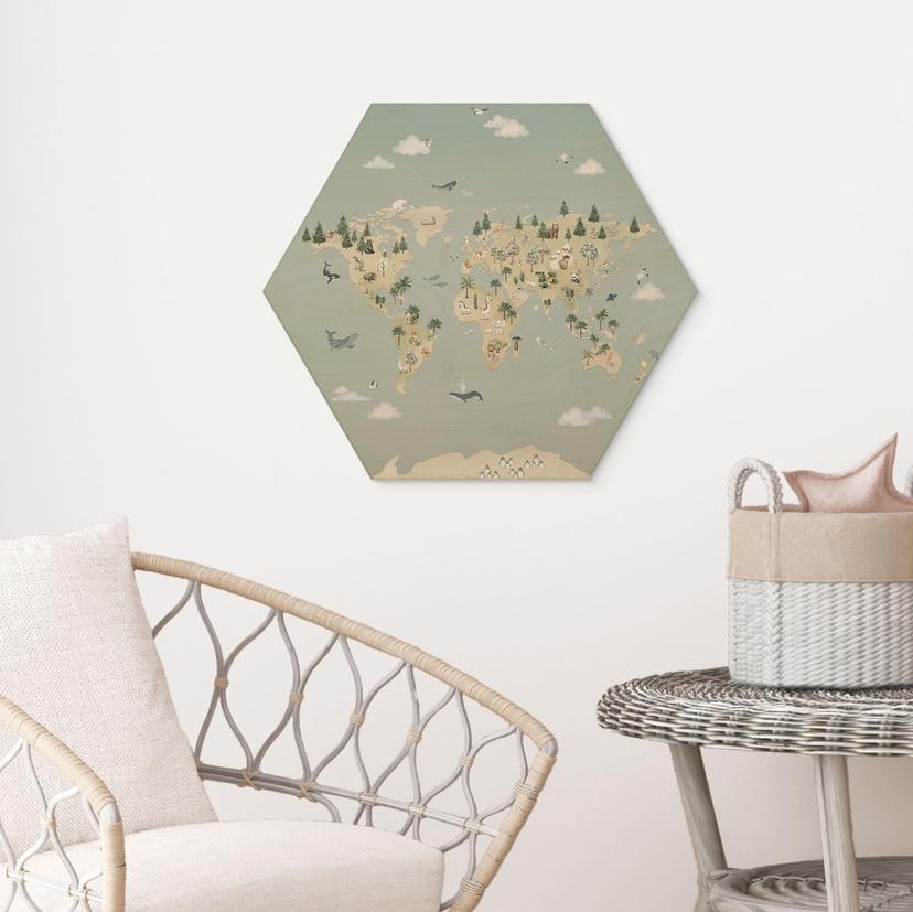 Hexagon Holzbild Weltkarte - Welt der Tiere - Oliver Robins