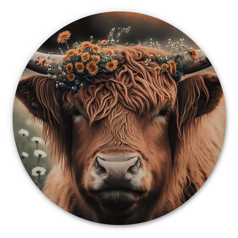 Cuadro de madera Treechild - Vaca de las Highlands con corona de flores - Redondo