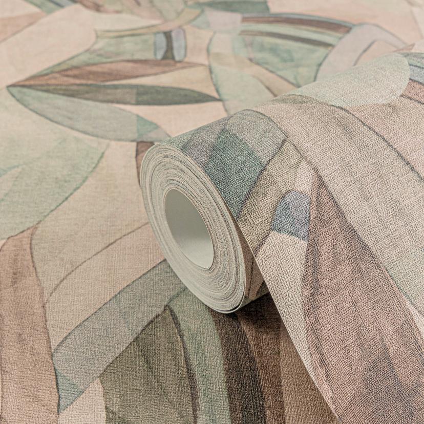 Papel pintado de hojas abstractas en beige verde azul - tonos naturales suaves - Papel no tejido