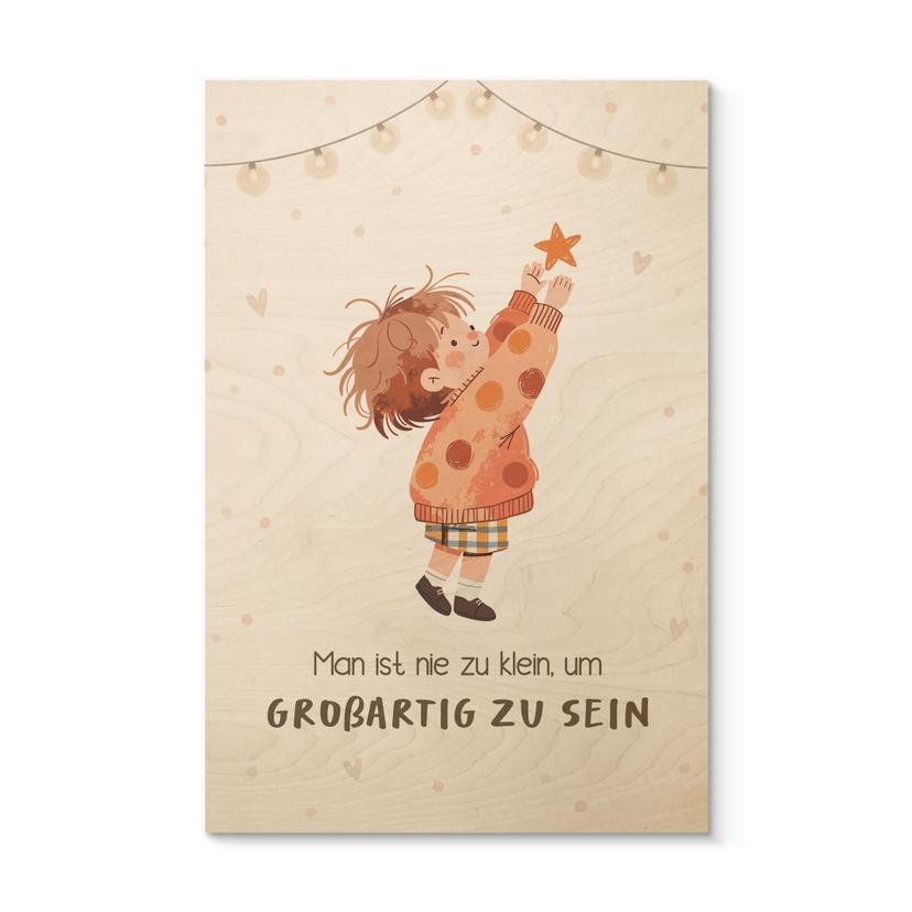 Holzbild mit Kind und Stern - Glaubenssatz 'Man ist nie zu klein' fürs Kinderzimmer