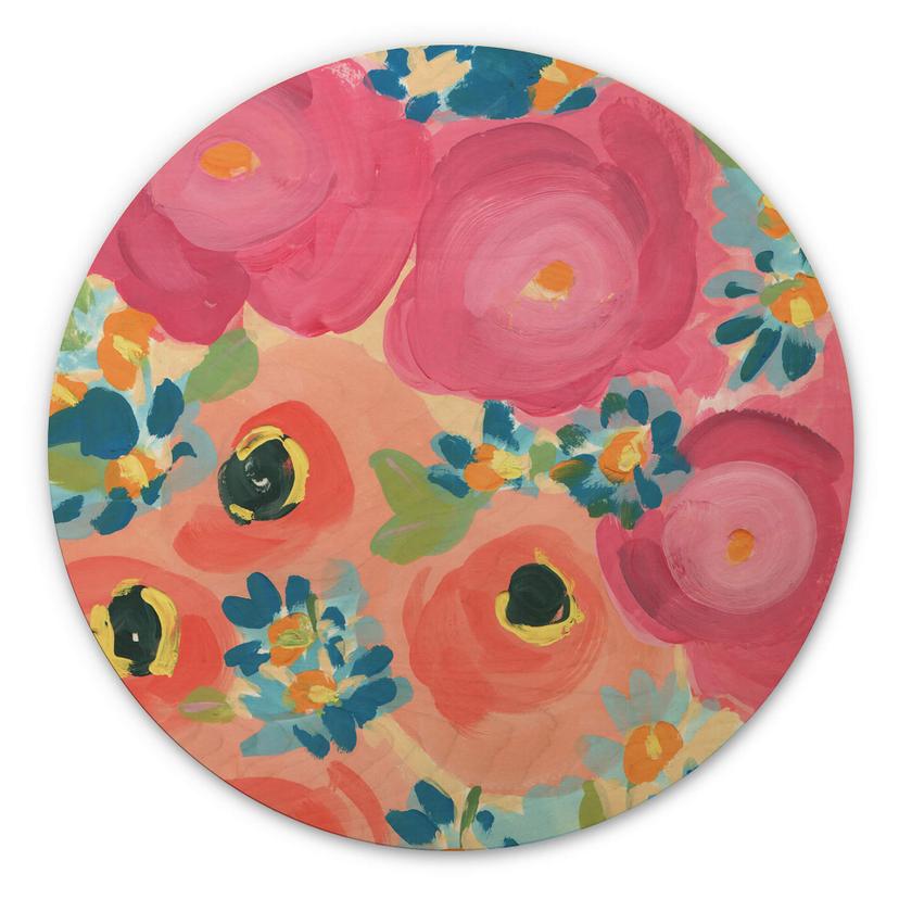 Tableau sur bois rond Zwara - Roses illustrées et anémones de corail