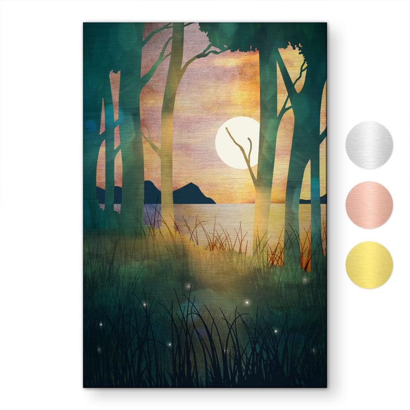 Alu-Dibond brossé avec Effet Doré, Argenté & Cuivré - Magie de la forêt au coucher du soleil - SpaceFrog Designs