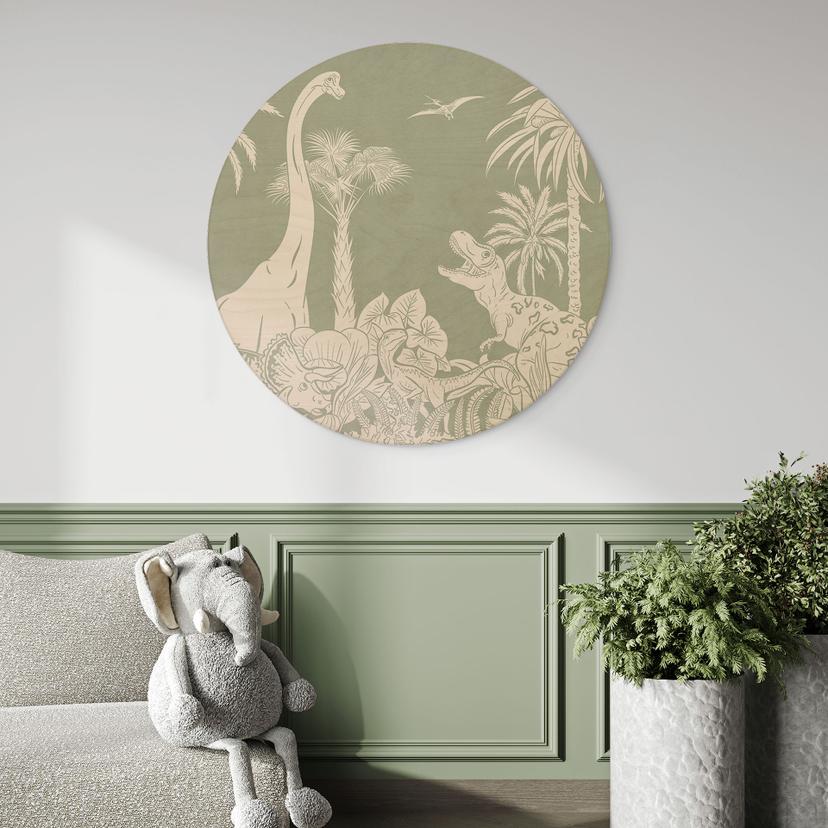 Houten Wanddecoratie Groene oerwerelden - Dinosaurussen onder palmbomen - Kikki Belle