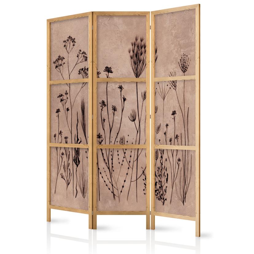 Japanischer Paravent, Raumteiler freistehend, Trennwand - Plant Vintage in Lime Wash Technique
