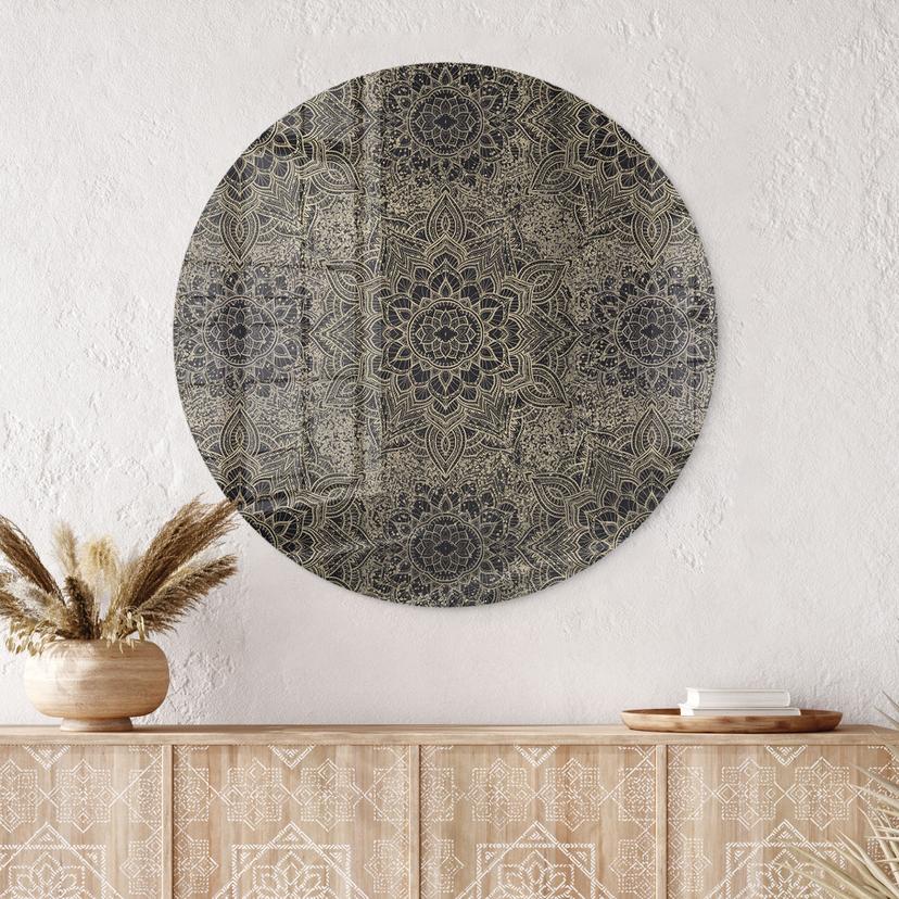 Stampa su vetro Mandala Boho Oro Antico - Decorazione floreale - Rotondo