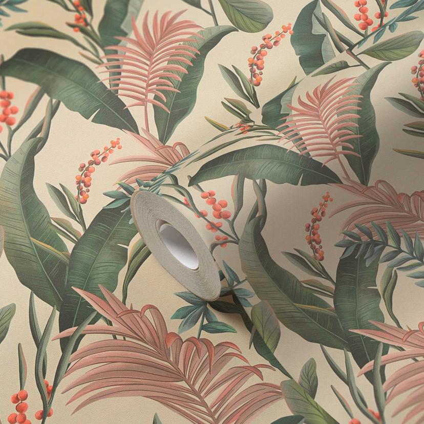 Papel pintado estampado con hojas y hierbas verde crema - Papel pintado tejido-no tejido jungla