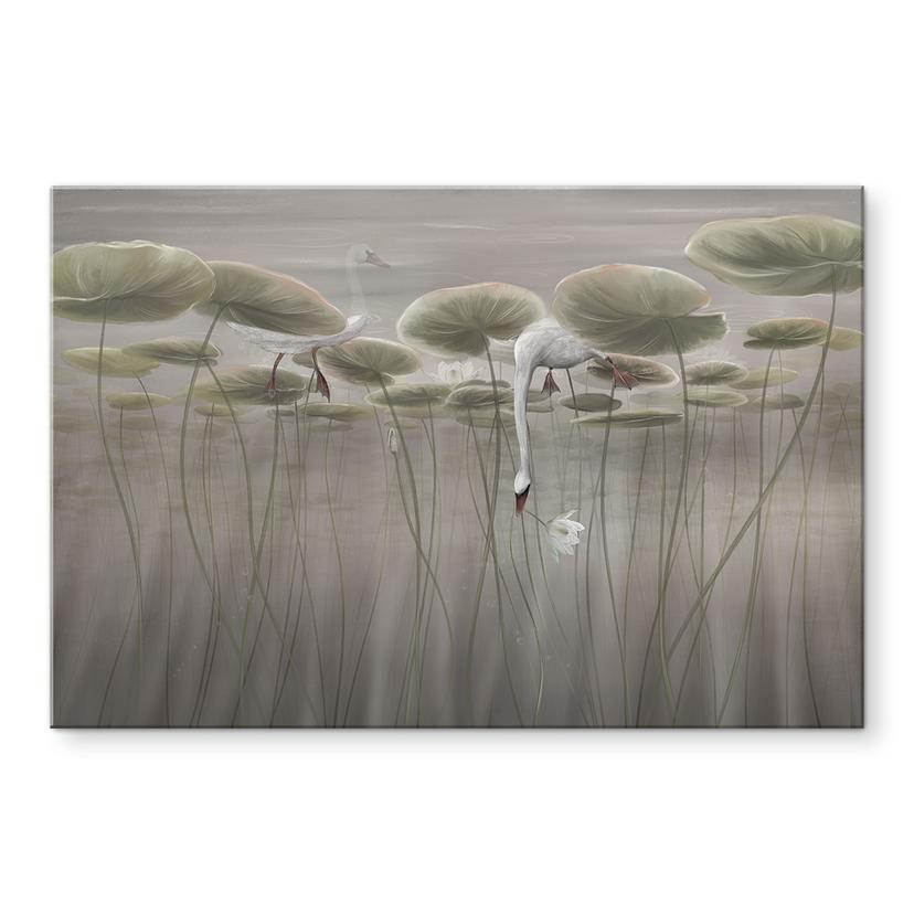 Glasbild Lotusblumen mit Schwan im Wasser in Grau - Ms Tiff