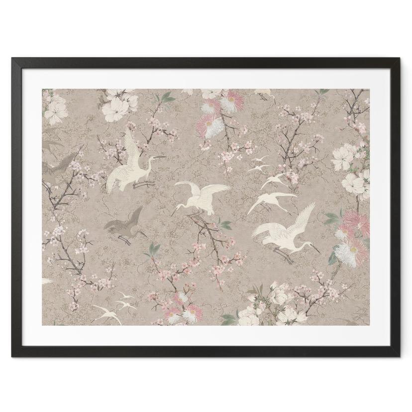 Fugleplakat Traner i kirsebærblomst Rush Beige - Bloomery Decor