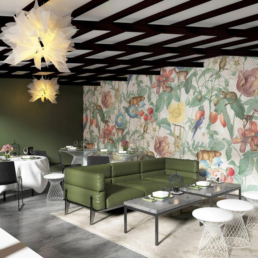 Carta da parati con piante e animali, beige con illustrazione 2,70 x 2,12 m