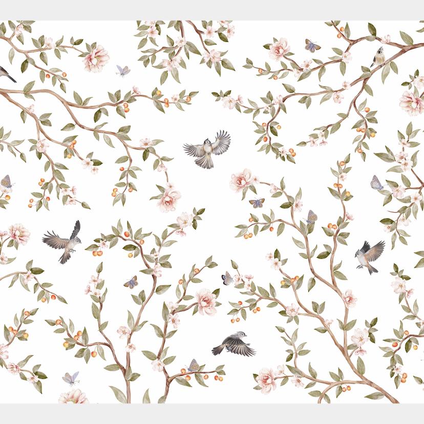 Fotobehang Rozenstruik met vogels - Kikki Belle