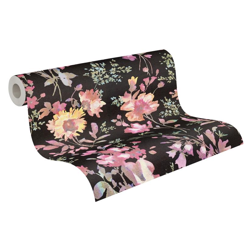Carta da parati floreale COSMOPOLITAN acquerello nero colorato - Carta da parati in tessuto non tess