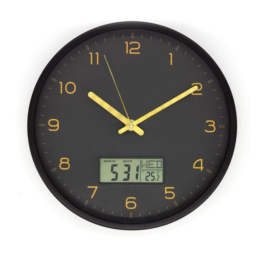 Analoge Wanduhr mit Digitalanzeige Schwarz-Gold Ø 25 cm